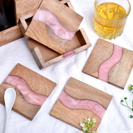 Handmade Pink Epoxy River and Acacia Wood Wood Set of 4 Decorative Table Coasters with Cover
